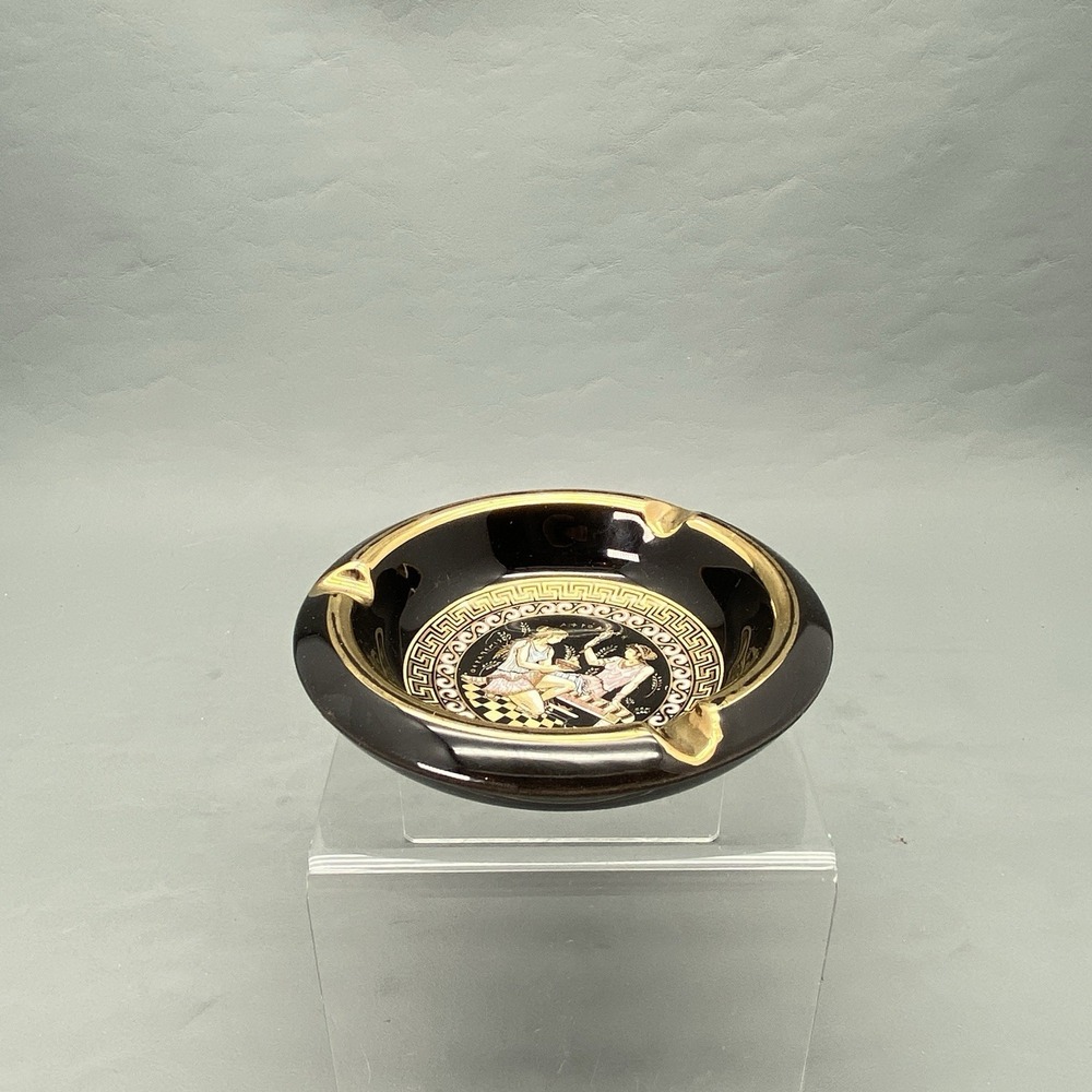 Greek Handmade 24K Gold Ceramic Ashtray S.M. Greece Black Aphrodite 4.5